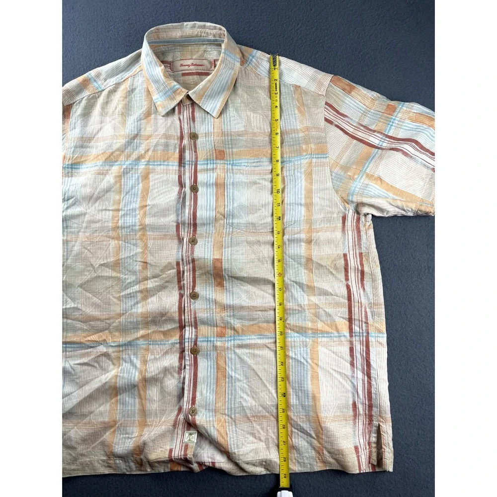 Tommy Bahama Button Up Shirt Men's L Silk Orange‎ Plaid Camp Lightweight Beach